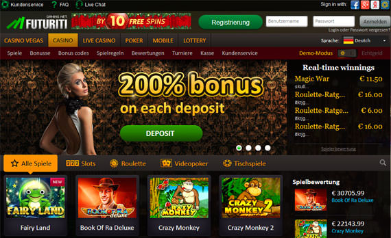 Screenshot der Futuriti Casino Homepage