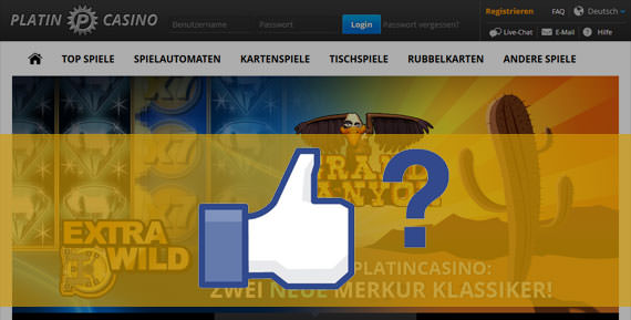 Homepage des Platin Casinos mit Facebook Like-Button
