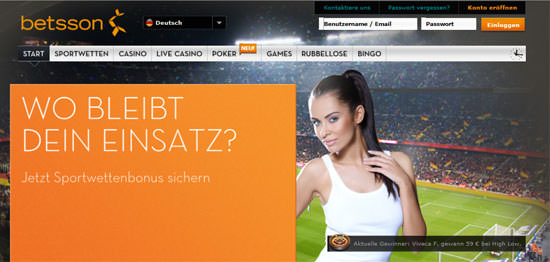 Screenshot der Betsson Homepage