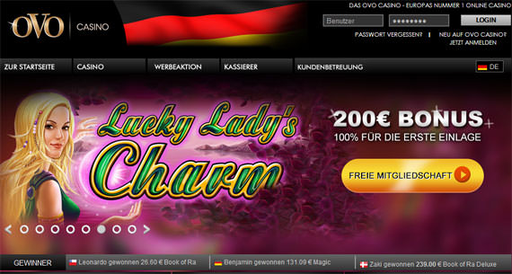 Screenshot der OVO Casino Homepage