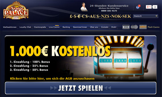 Screenshot der Spin Palace Homepage