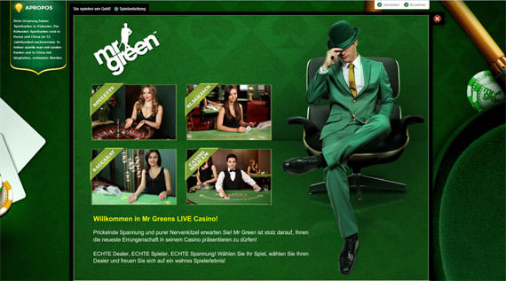 Das Auswahlmenü im Live Casino von Mr. Green