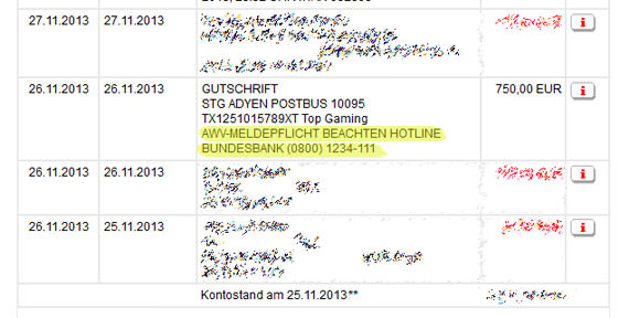 Kontoauszug der Sparkasse mit der Meldung: AWV-Meldepflicht beachten Hotline Bundesbank (0800) 1234-111