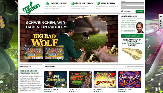 Screenshot der Mr. Green Homepage
