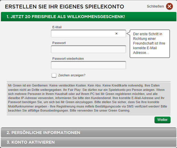 Das Registrierungsformular bei Mr. Green