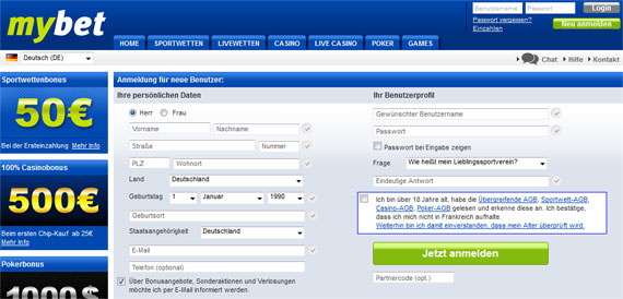 Das Mybet Registrierungsformular