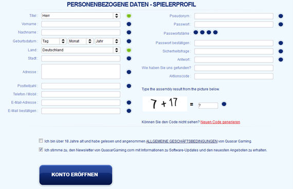 Das Registrierungsformular von Quasar Gaming