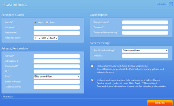 Das Registrierungsformular bei Stake7