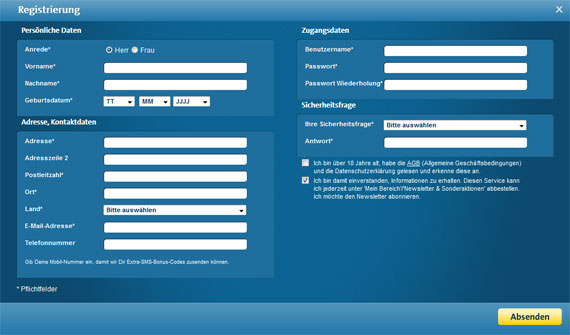 Sunmaker Registrierungsformular